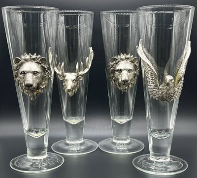 (4) ARTHUR COURT~VTG Pilsner Beer Wine Glasses~2 Lions~Buck Deer~Eagle~9''~Signed