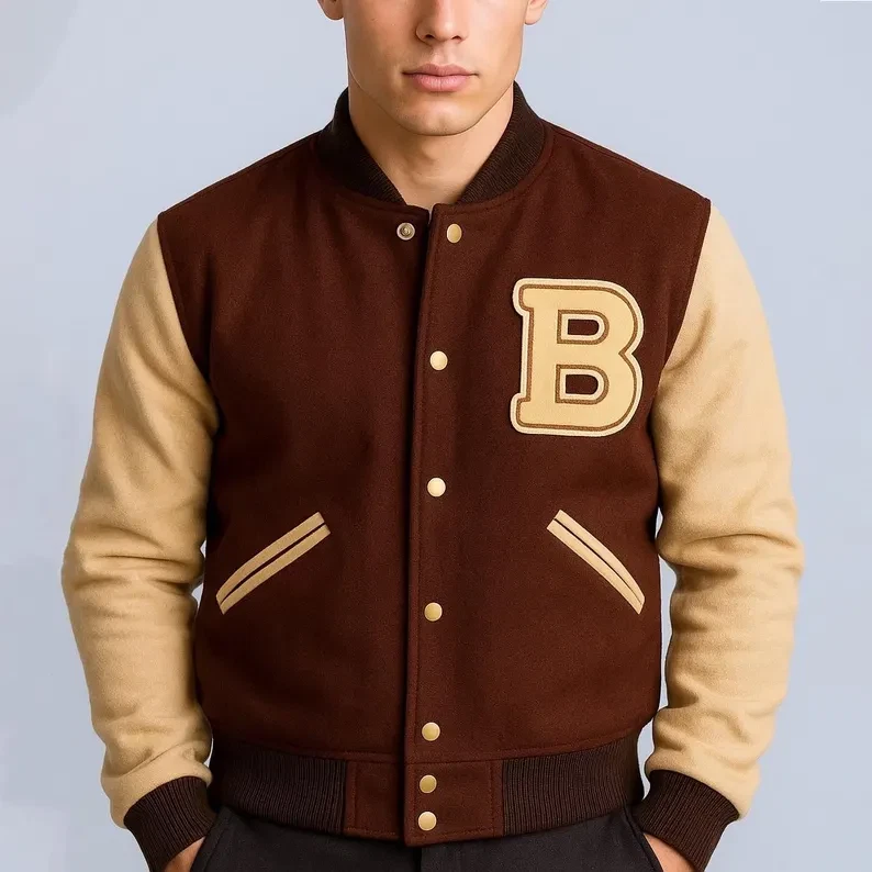 Men’s Brown Varsity Letterman Baseball Jacket Wool Body Classic Retro Style