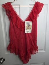 Vtg Alana Gale Red Nylon Lace Ruffled French Cut Teddy Bodysuit Lingerie NOS SM