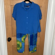 Jams World Vtg Hawaiian 2PC Set Capri Cropped Floral Pants M Blue S/S Boxy Top L