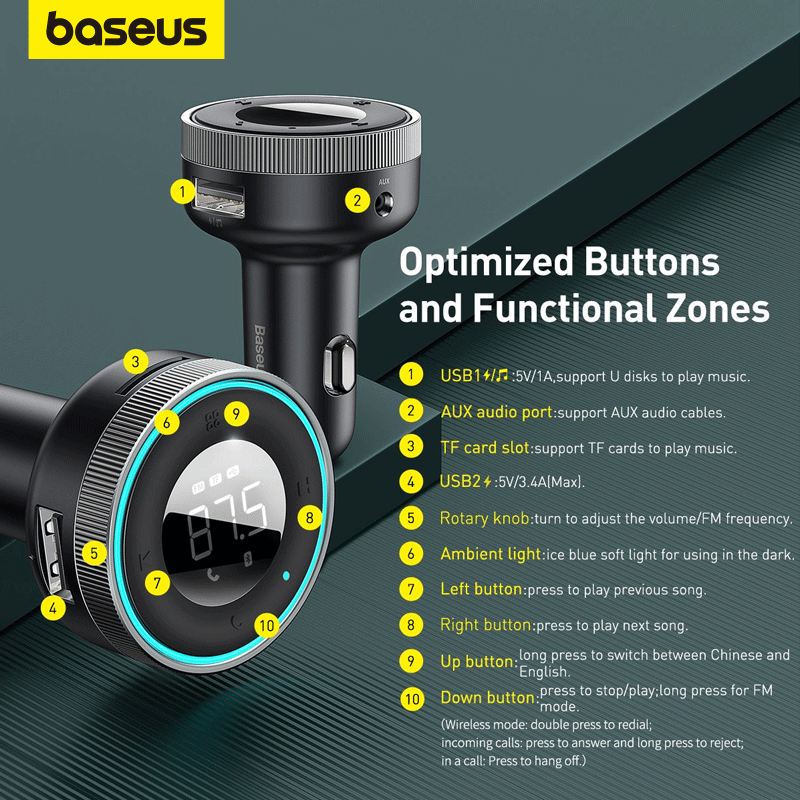 Baseus Car Bluetooth 5.0 Wireless FM Transmitter Dual USB QC3.0 Charger