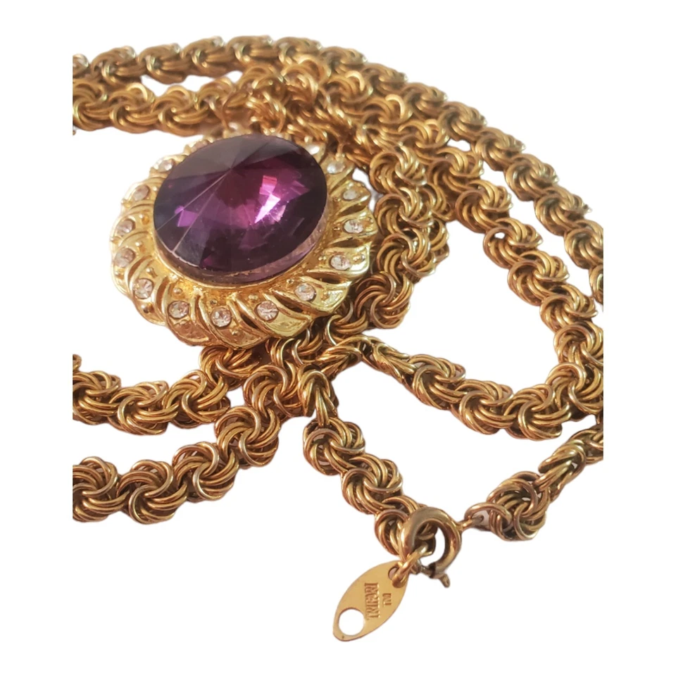 Collar Trifari Vintage Tono Dorado Eslabón Espiral Con Vibrante Cúpula Cristal Colgante Foto 4 de 4