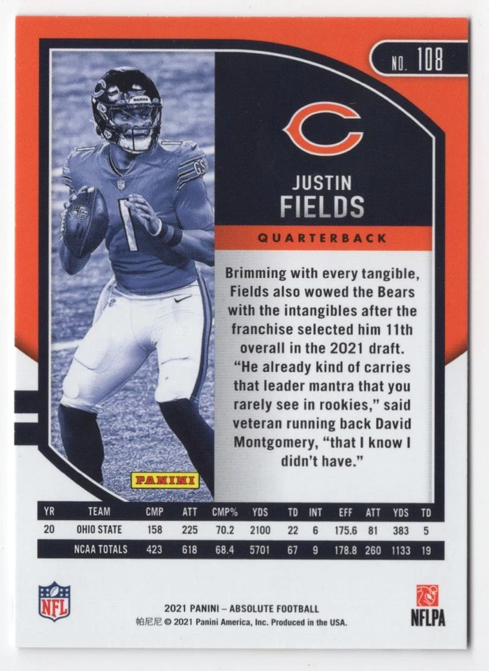 2021 Panini Absolute Justin Fields Rookie Chicago Bears #108 - Image 2 of 2