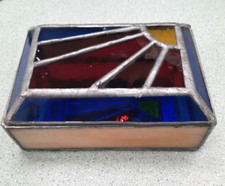 Vintage stained glass jewelry box trinket mirror bottom sun blue red