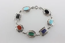 BOMA Sterling Silver 925 Vintage Frame Bezel Set Multi Stone Bracelet - 7.25"