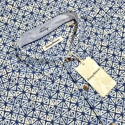 Tommy Bahama Bleu Géométrique Chemise Manche Courte Taille L Tout Neuf W/Tags - Photo 1/4