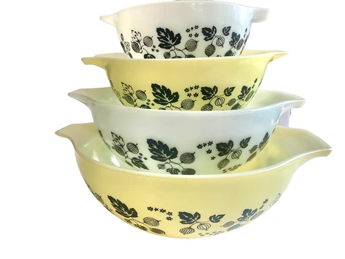 PYREX Gooseberry Yellow White & Black Mid Century Cinderella nested mixing Bowls