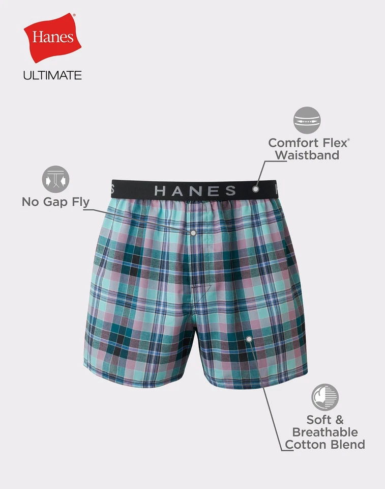 Paquete de 5 boxer Hanes clásicos para hombre SIN ETIQUETAS comodidad flexible algodón cintura ropa interior Foto 2 de 4