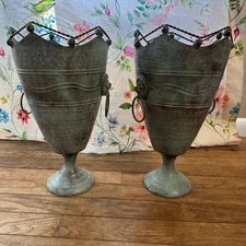 Ornate Lion Head Metal Urns with Twisted Rope Crown Edge - Pair of 2