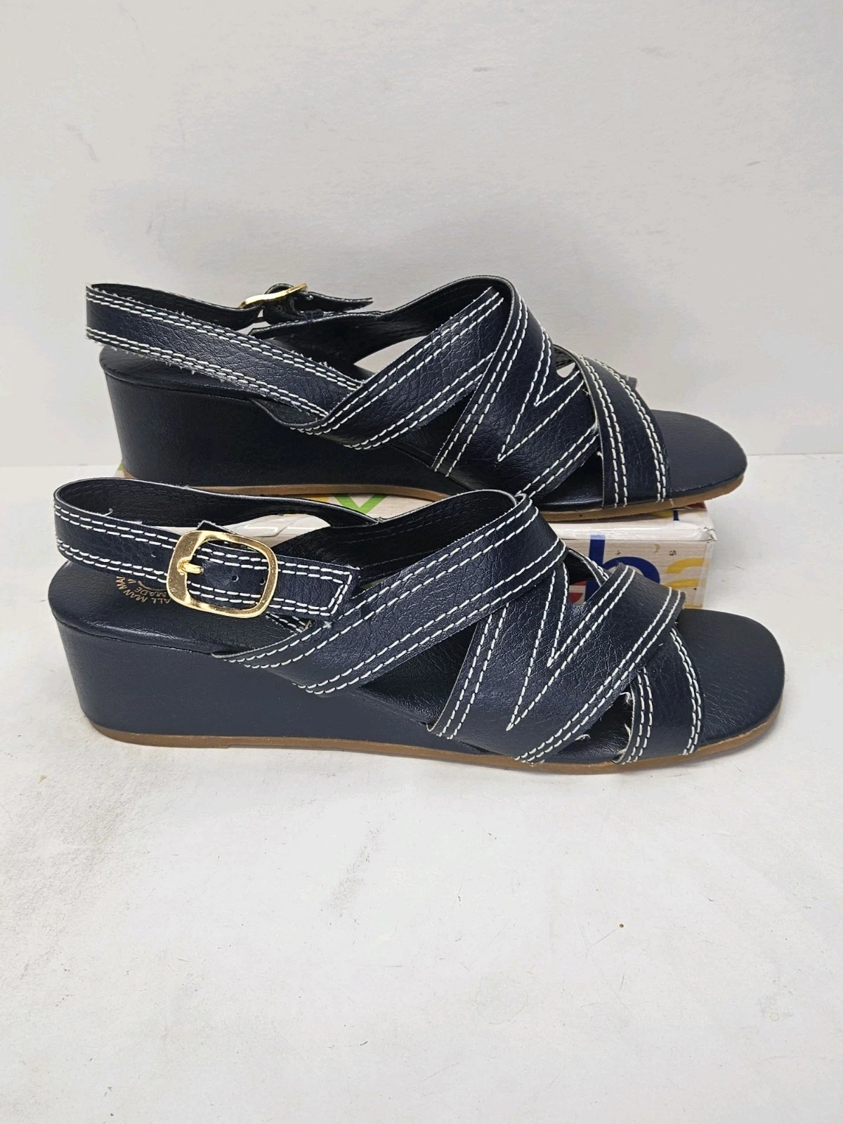 ADIDAS ES. Sandalo originale zeppa tacco pelle blu slingback punta aperta taglia 8 M