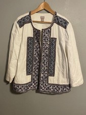 Chicos Womens Jacket Size 4 US 20/22 White Embroidered Studded Open Front Artsy