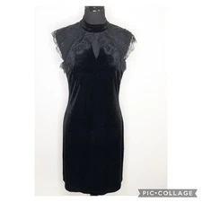 WHBM black velvet lace ruffle high neckline Victorian style sheath dress size 4