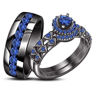 His Her Simulated Sapphire 14k Black Gold Plated Trio Bridal Wedding Ring Set