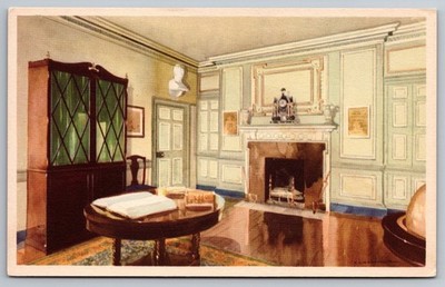 Colonial Study Room w/ Fireplace and Bust, Interior View Postcard. Mt Vernon VA