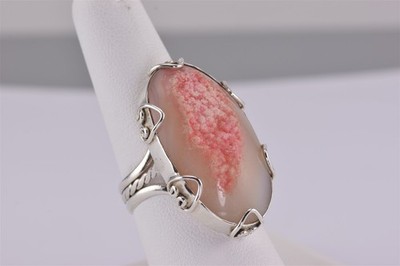 Sterling Silver Looped Bezel Pink Oval Druzy Statement Band Ring 925 Sz: 8