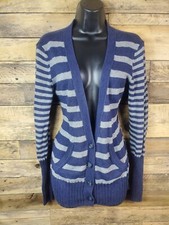 American Eagle Outfitters Sweater Blue Cardigan Gray Striped Waist 35" Length 26