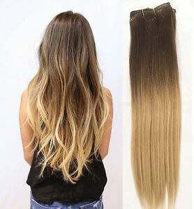 Details About Full Head Clip In Human Hair Extensions Remy Ombre Dip Dye Straight 18 Blonde