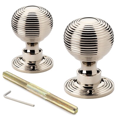 1 Pair Of Polished Nickel Beehive Rim Mortice Reeded Door Knobs Knob Pair Solid