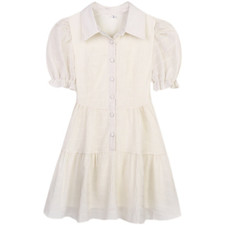 Women Chiffon Dress Mini Pleated Short Puff Sleeve Ruffle Button Cute Lolita