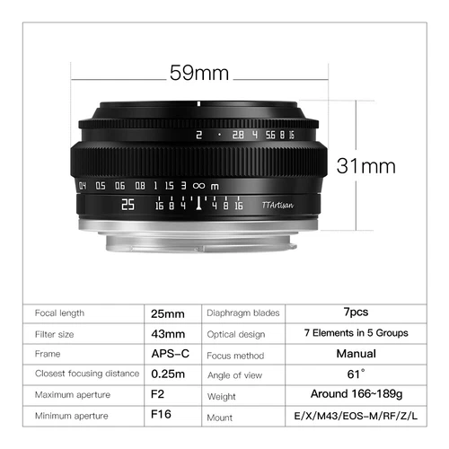 TTArtisan 25mm F2.0 APS-C Manual Focus Lens For Canon EOS-M/ Sony E/ Fuji X/ M43 - Picture 7 of 15