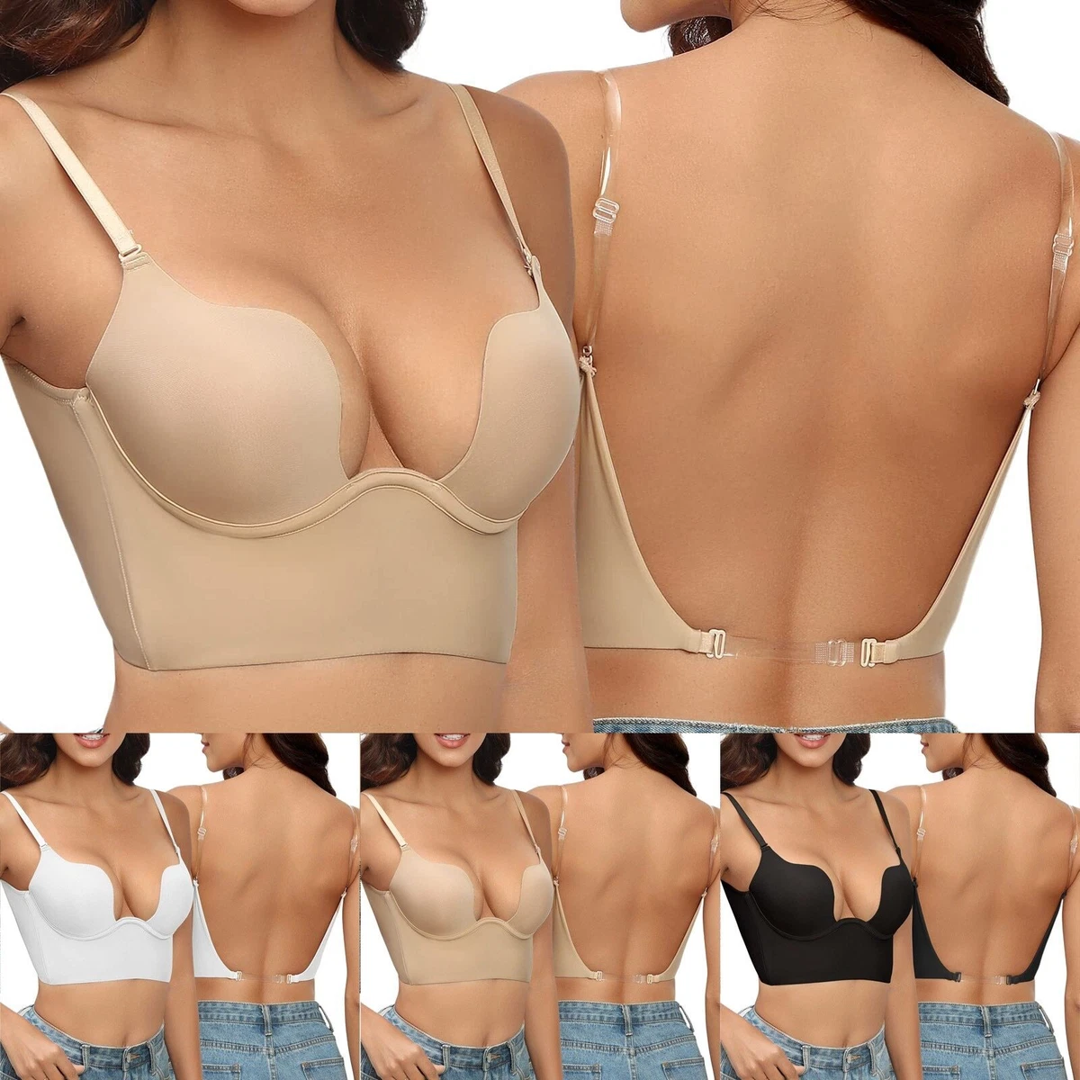 Women Low Back Bra Wire Lifting Deep U Shaped Plunge Push Up Bra