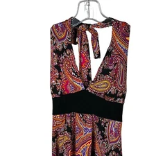 Wet Seal Womens Sz M Multicolor Paisley Halter Backless V Neck Maxi Long Dress