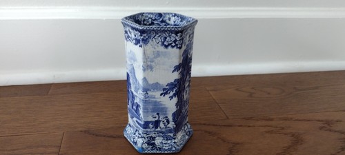 Antique c1900 PRATTS LAKE SCENERY BLUE & WHITE TRANSFERWARE VASE - Picture 3 of 8