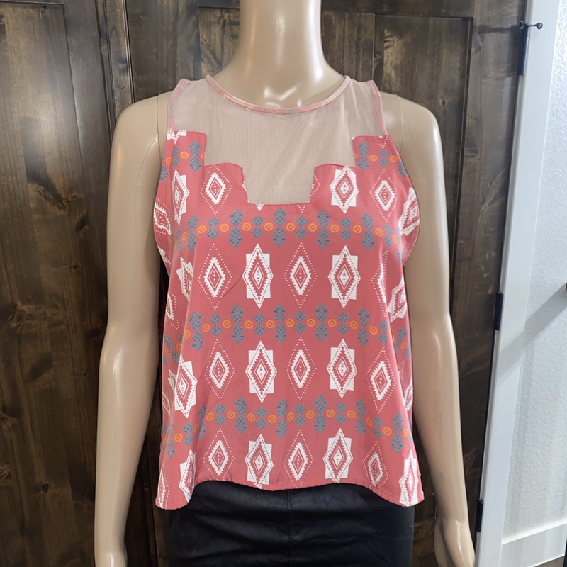 LUSH Sleeveless Small Pink Split Back Geometric Tribal Mesh Shirt Blouse- 027