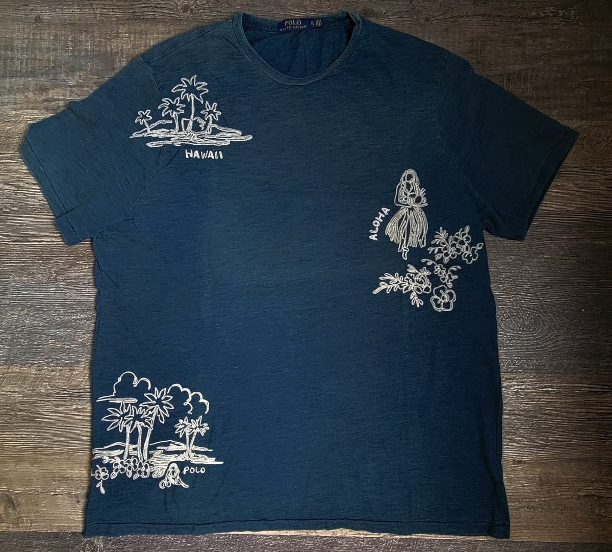 ハワイ Polo Ralph Lauren Distressed Denim Wash Chain-Stitch Hawaiian T