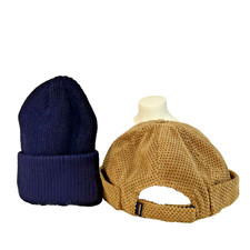 Set Of 2 Men's Fall Brimless Hat Tan  Beanie Dark Indigo Knit textured One size