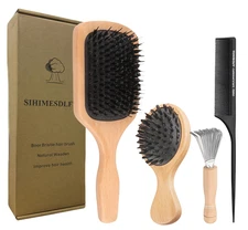 Boar Bristle Hair Brush and Comb Set for Women Men Kids, Best Natural Wooden Pad