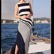 Soft Surroundings Here To Infinity Dress  Navy and White Striped Maxi Dress M