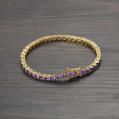 9CT Round Cut Lab-Created Amethyst Ladies Tennis Bracelet 14K Yellow Gold Plated