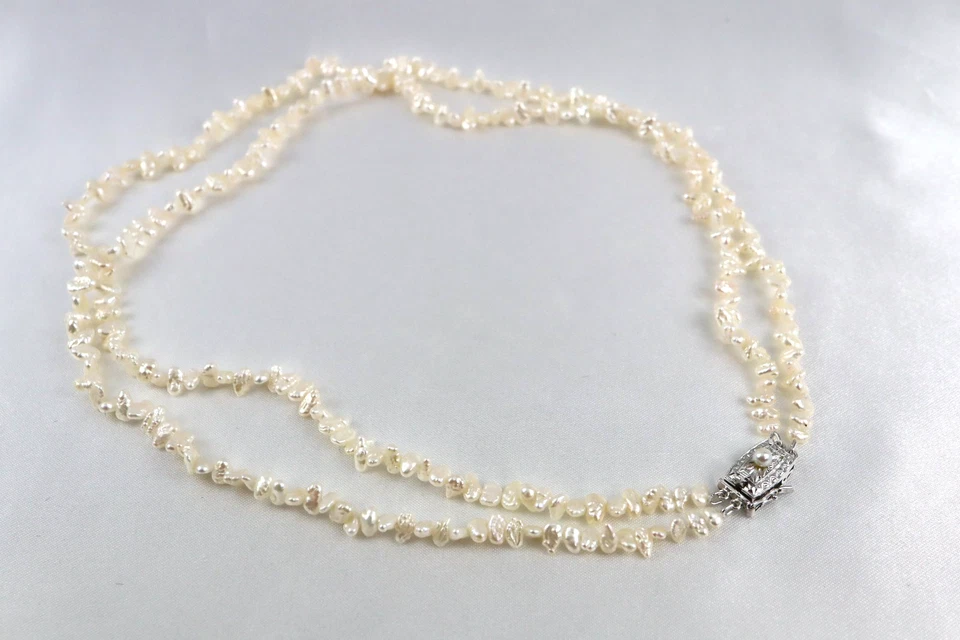 Tasaki Keshi Pearl 2-Strand Necklace 5mm 16.5", Silver Clasp with Akoya Pearl - Image 4 of 4