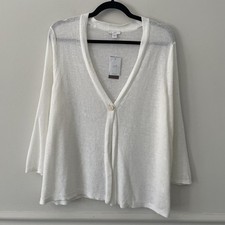 NEW J Jill Linen Blend One Button Front Knit Cardigan White Sz L Lagenlook Basic