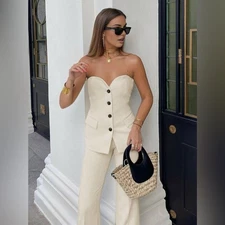 Commense NEW Sweetheart Button Up Tube Top Beige size XS Strapless Button Front