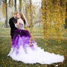 White And Purple Wedding Dresses Tiers Ruffles Tulle Gown Strapless Sleeveless  