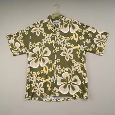 Vintage Local Motion Hawaiian Shirt L Green Floral Cotton Surf 80s Button Front