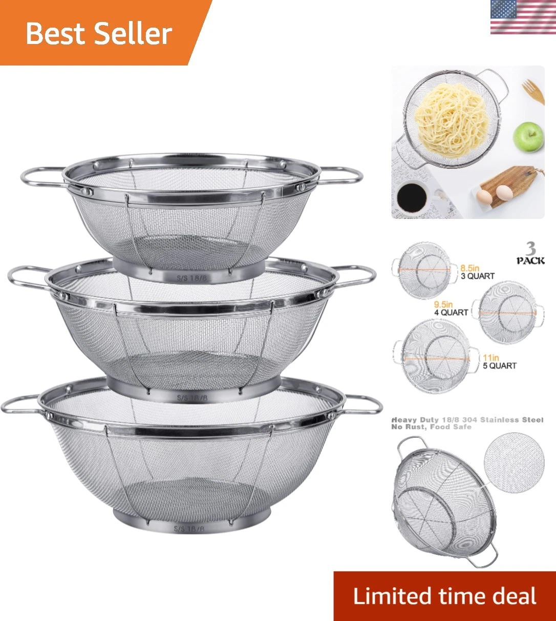 3 Pack 18/8 Stainless Steel Colander Sieves5-Quart, 4-Quart and 3-Quart, Mesh...