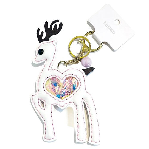Miniso Cute Deer Bag Charm Heart Glitter Confetti Sequins Pink White Keychain - Foto 1 di 12