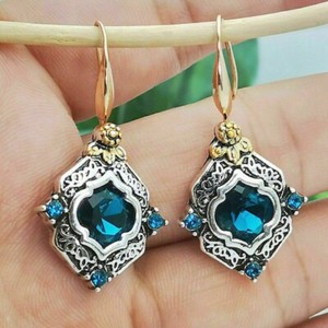 Authentic 5Ct Round Lab Created London Blue Topaz Dangle Earrings 14K Two Tone Gold Plated