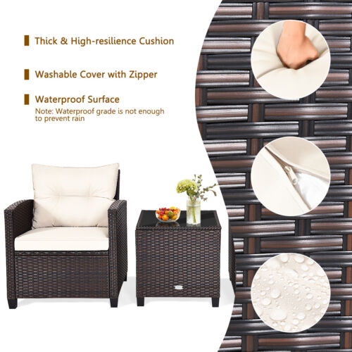 3PCS Patio Rattan Furniture Set Cushioned Sofa Coffee Table Garden off White - Picture 8 of 10