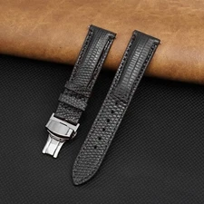 Black Lizard Leather Men Watch Band Deployment Clasp Buckle Padding Watch Strap