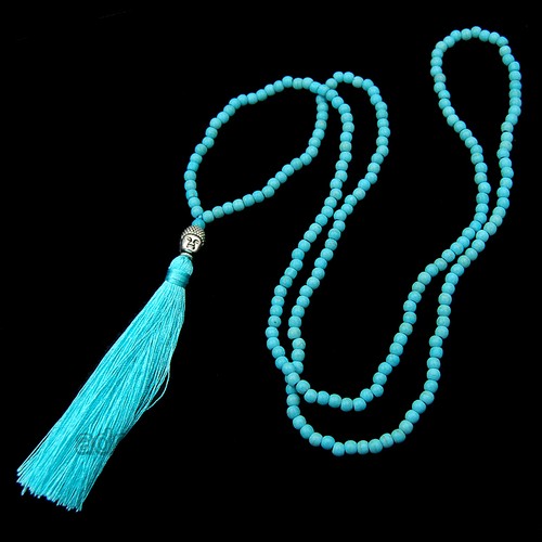 Howlite Turquoise Beads Buddha Head Charm Tassel Necklace - Picture 4 of 19