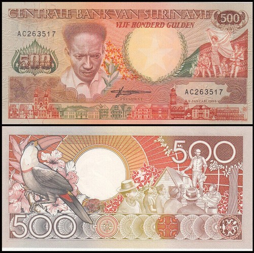 SURINAME (DUTCH GUIANA) 500 GULDEN 1988 UNC TOUCAN BIRD AT LEFT,SPEAKER WITH PEO - Picture 1 of 1