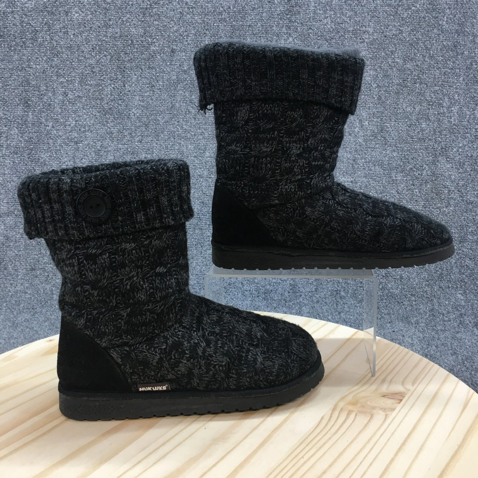 MukLuks Winter Snow Boots Womens 9 Janet Black Faux Suede Pull On Faux Fur Knit