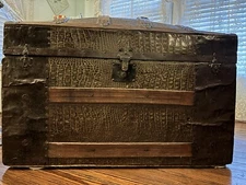Antique Victorian Wood Dome Top Steamer Trunk with Embossed Alligator Tin