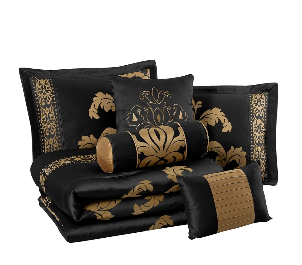 Chezmoi Collection Royale 7 PCS Jacquard Floral Comforter Set, Queen, Black/Gold - Image 2 of 2