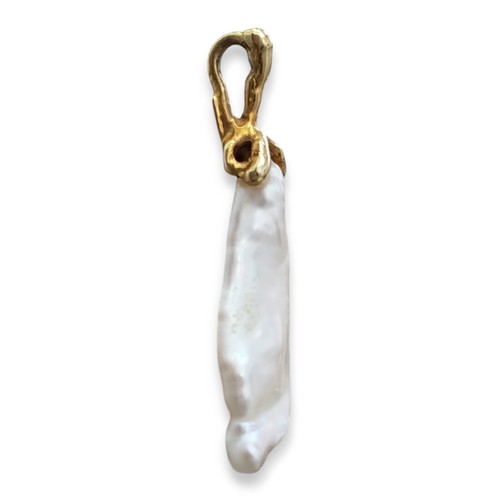 Vintage 14k Yellow Gold BIWA Pearl Pendant Signed SF & Gold Plated 22" Chain - Picture 5 of 7