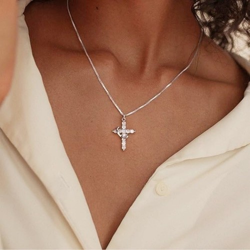Women 14K Gold Plated Crown Cross Pendant Necklace Simple Diamond Gold Necklaces - Picture 10 of 13